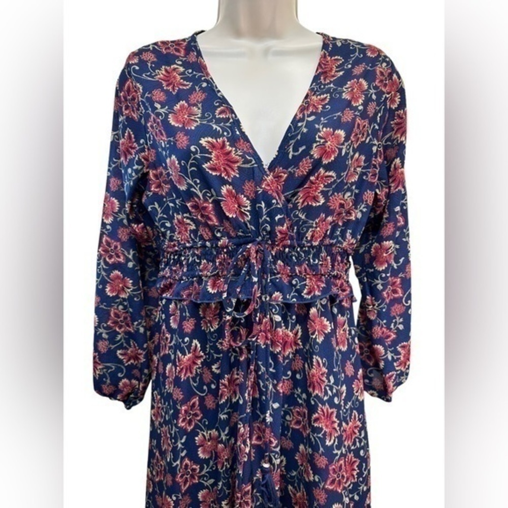 Anthropologie Boemo Maxi Dress Ruffle Navy Blue Red Tiered Long Sleeve PETITE - Picture 4 of 7
